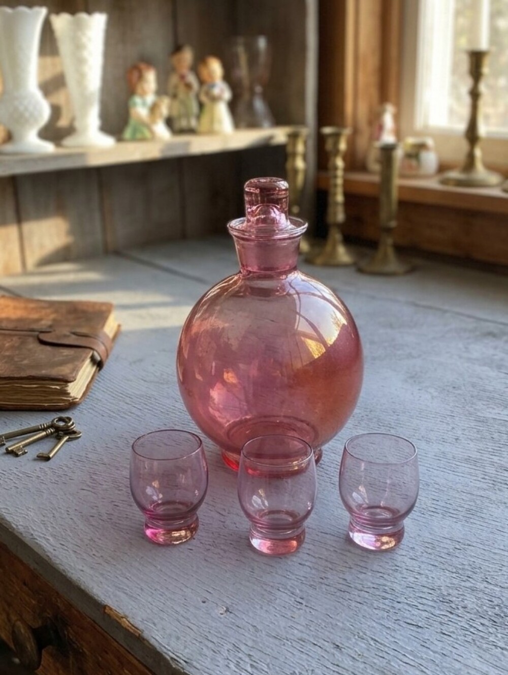 Vintage Glass Pink Decanter with 3 glasses Depression Glass